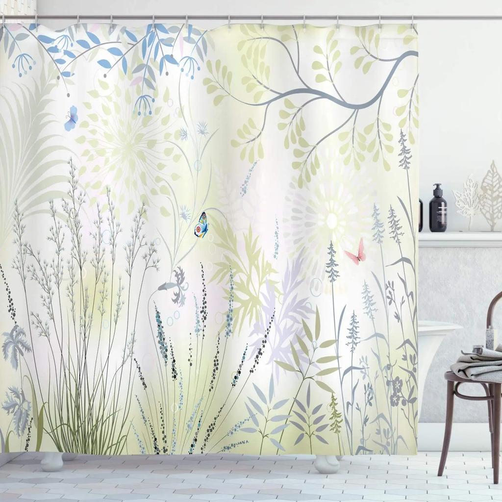 Natural Floral Shower Curtains Flowers Green Leaf Butterfly Water Color Art Nordic Modern Waterproof Bathroom Decor Curtain