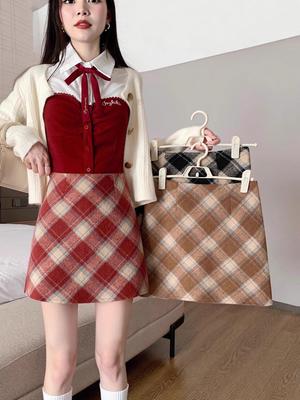 Women's High Waist Red Wool Plaid Skirt, 2025 A-line Slim Fit for Autumn/Winter