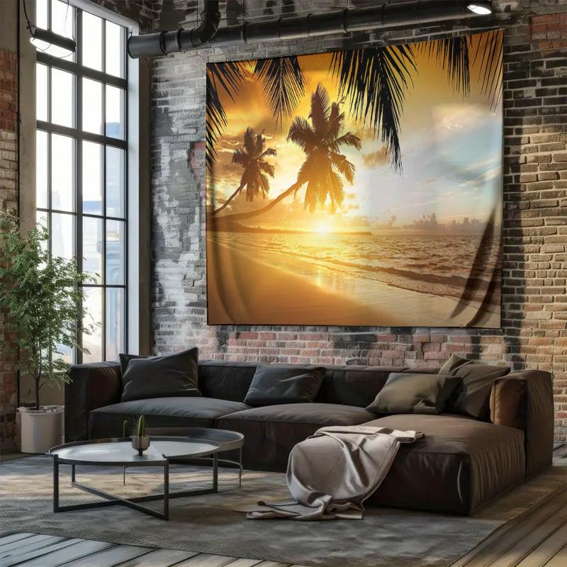 Beach Sunrise Mural Hanging Cloth  Tropical Style Decorative Hanging Painting