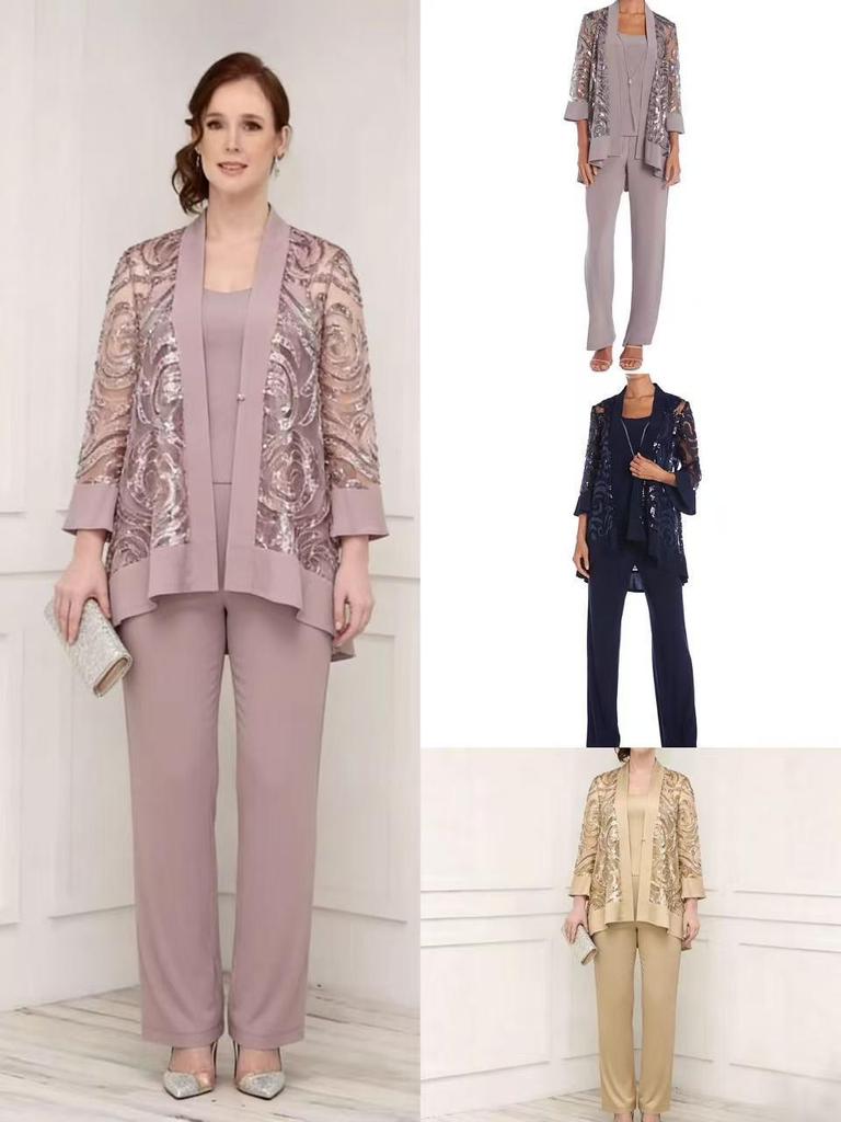 Abito da sera taglie forti da donna europeo e americano - Elegante completo pantalone con ricamo in pizzo pesante