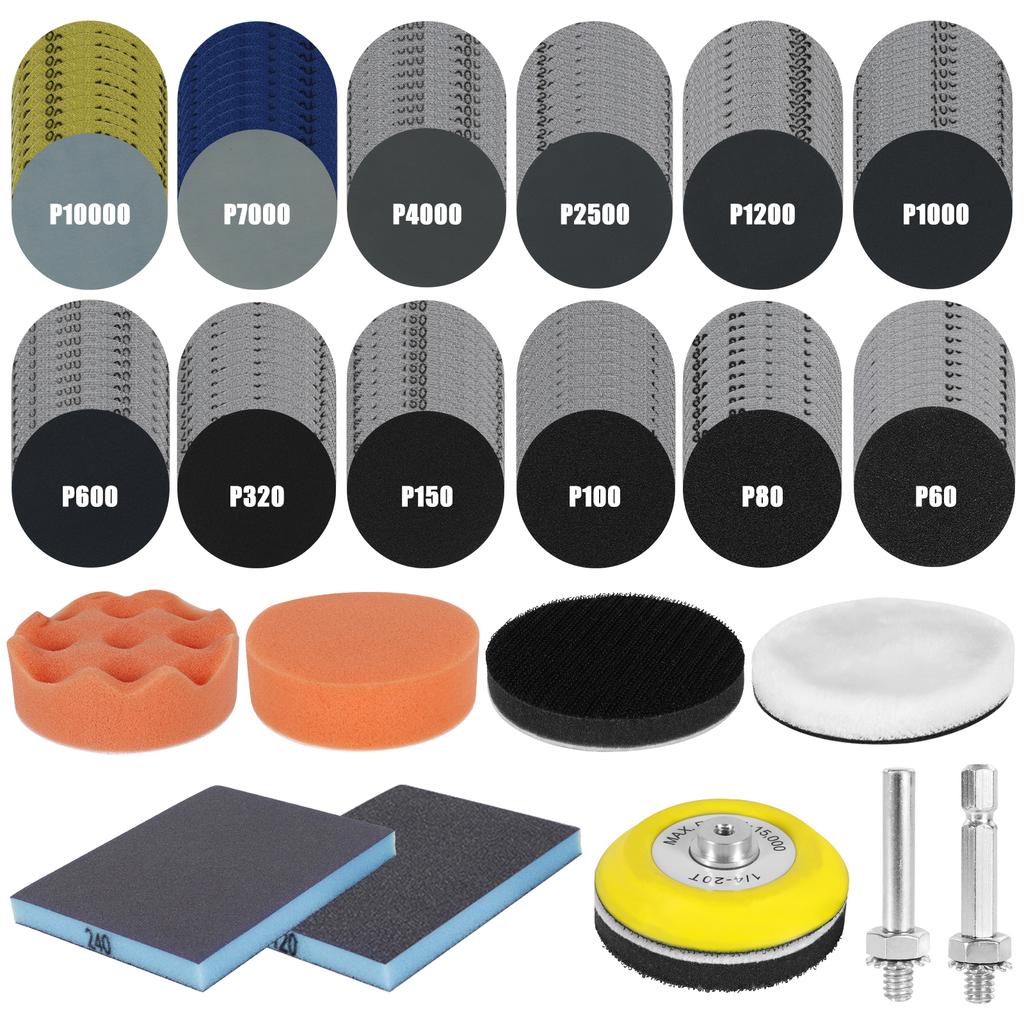 331/129pcs 3 Inch Wet Dry Sanding Discs 60-10000 Grit Sandpaper Pads and Foam Buffering Pad for Wood Metal Car Polishing
