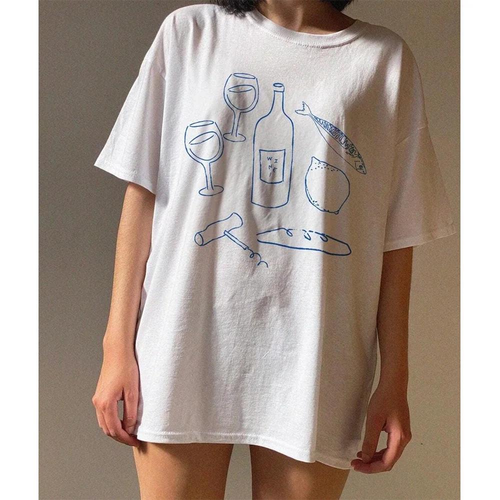 Aesthetic White Loose Cotton Short Sleeve Casual Women Tees New Unisex Wine TShirt Trendy Dinner Ingredients Graphic Tops