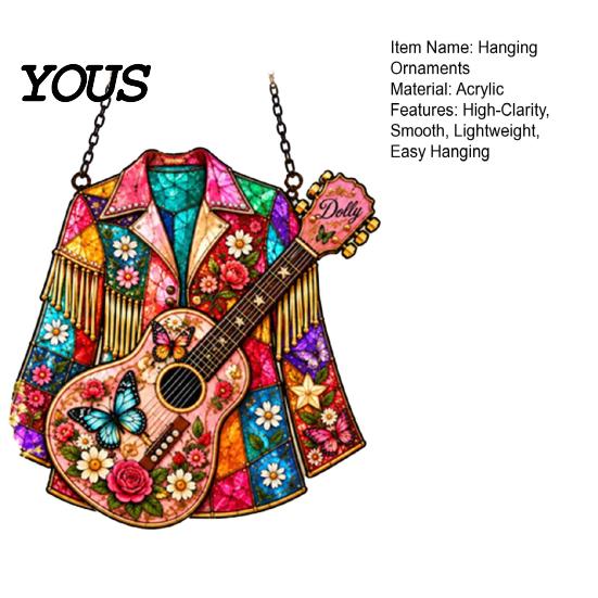 Decorative Hanging Pendant Western Country Art Suncatcher, Jacket & Guitar Stained Glass Style Sun Catcher, Indoor Wall Decor 2D Acrylic Ornament for