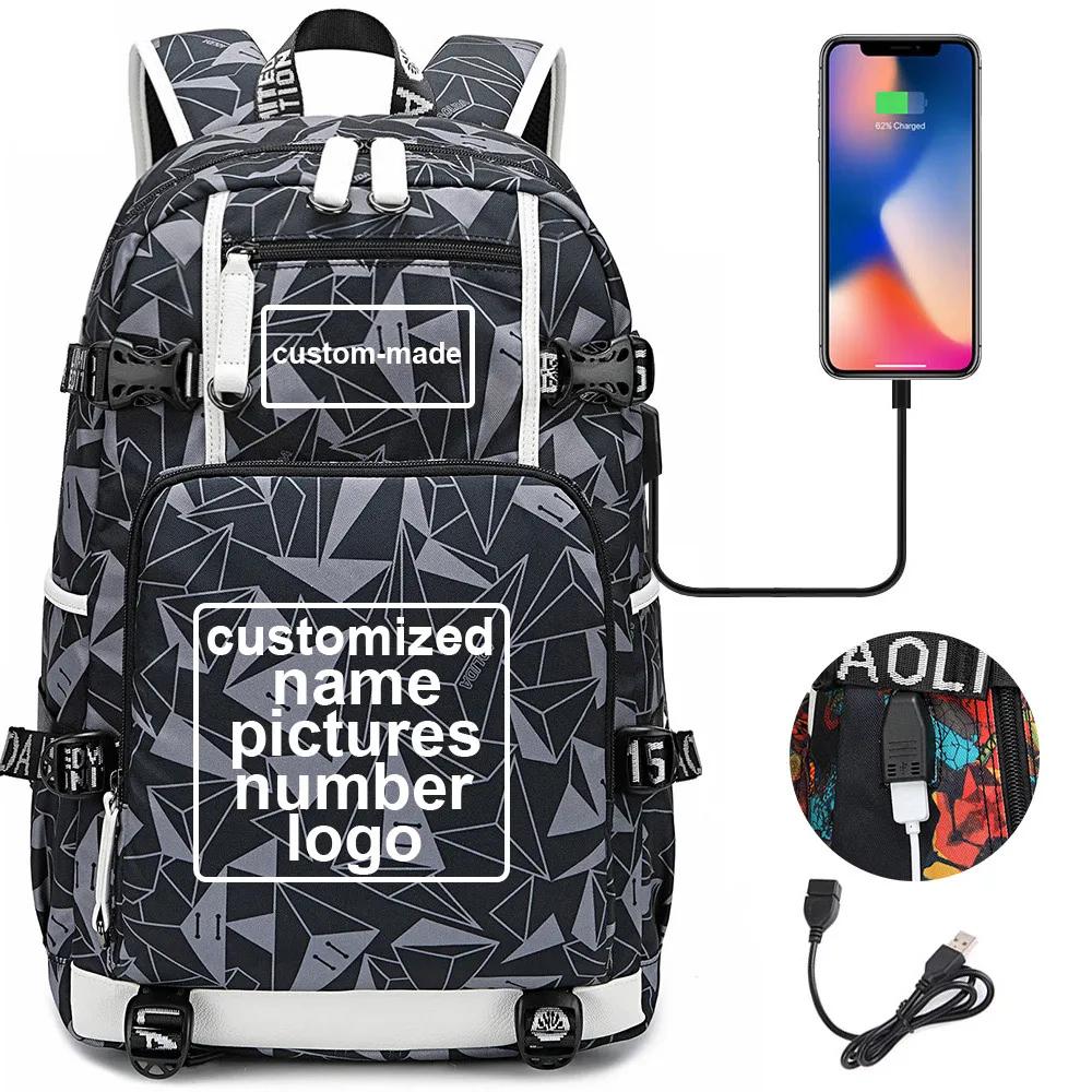 Customized Print DIY Your Like Photo or Logo Boy Girls Kids Book Bag Women USB Laptop Backpack Canvas Men Bagpack Big Travel Bag
