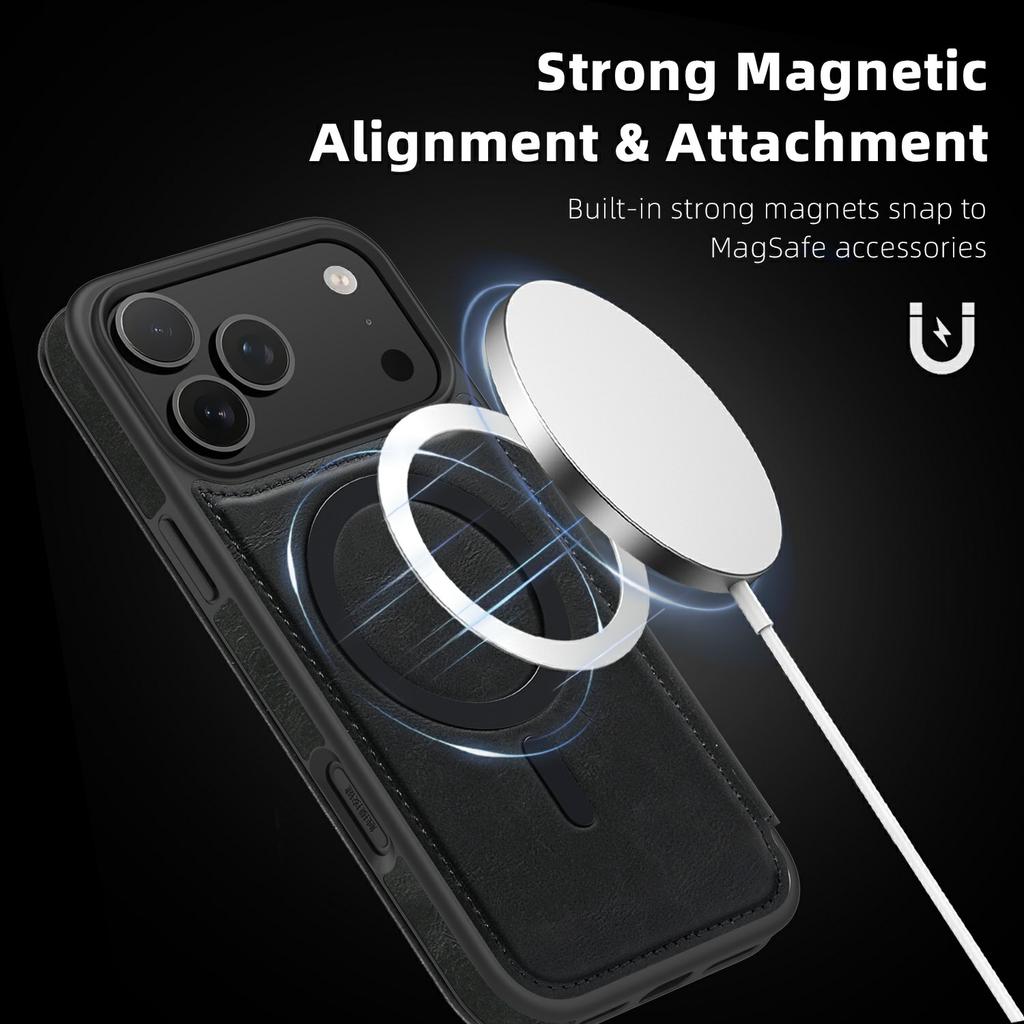 For iPhone 17 Pro Case Compatible with MagSafe RFID Blocking Card Holder Leather Phone Cover