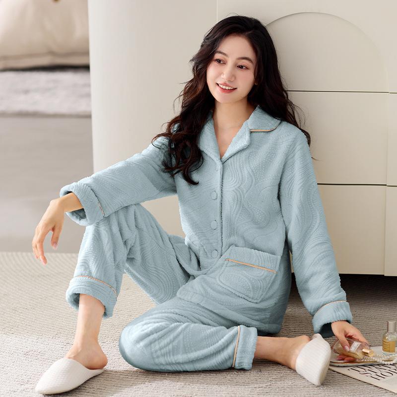Coral fleece pajamas women's autumn and winter thickened fleece warm fat m plus size 55kg flannel loungewear set