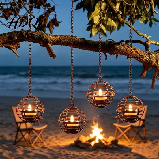 Outdoor Solar Hanging Lanterns Lantern Waterproof Lantern with Tea Light Metal Garden Lights Iron Ball Candle Holder for Backyard Patio Decoration