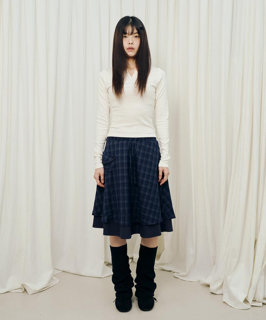 Mihebeu Check Pocket Midi Skirt Navy