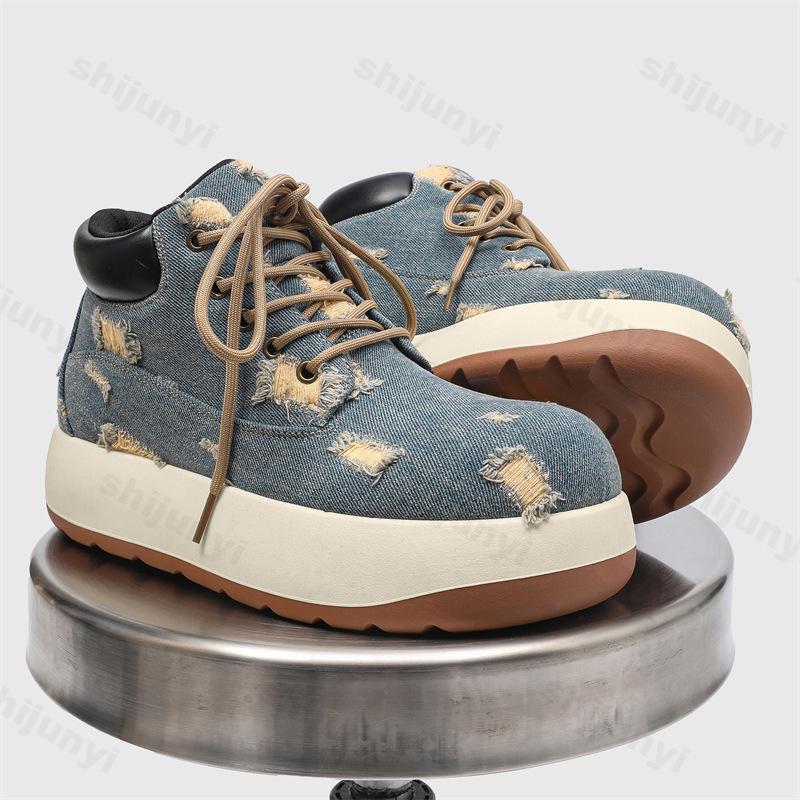 Fashion 2025 Men Niche Design Casual Boots Denim High Top Board Shoes Retro Thick Soled Height Increasing Comfortable Non slip Sneakers