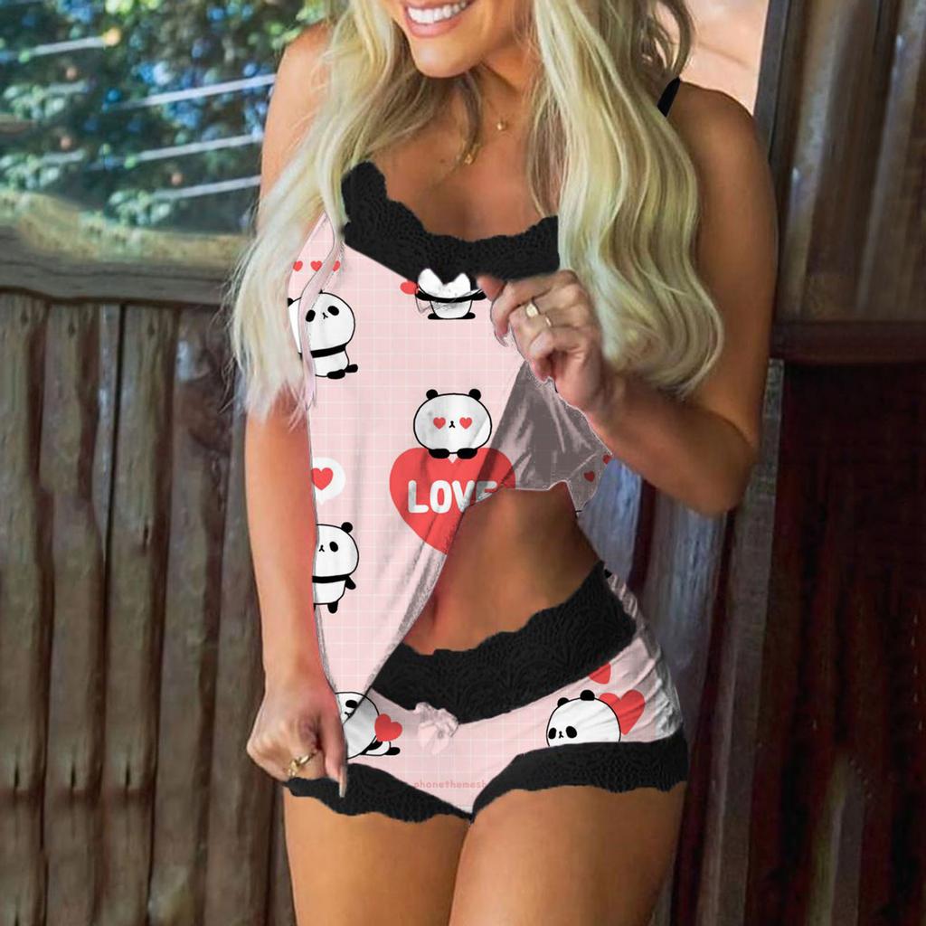 Women Print Pajamas Sleeveless Lace Cami Shorts Lingerie Sleepwear Set