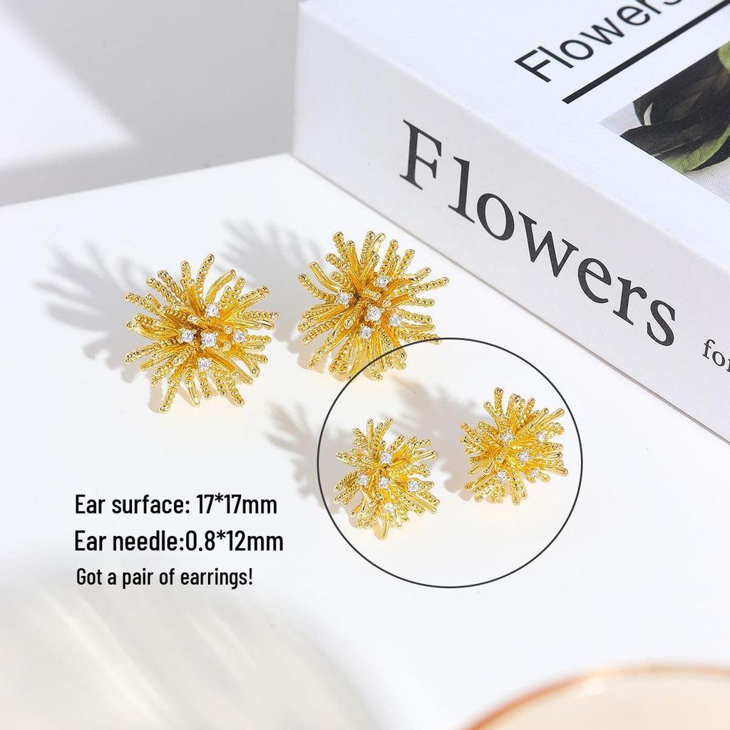 Gold Plated Dandelion Fireworks Metal Stud Earrings - Elegant, Lightweight, Simple Design for Women.
