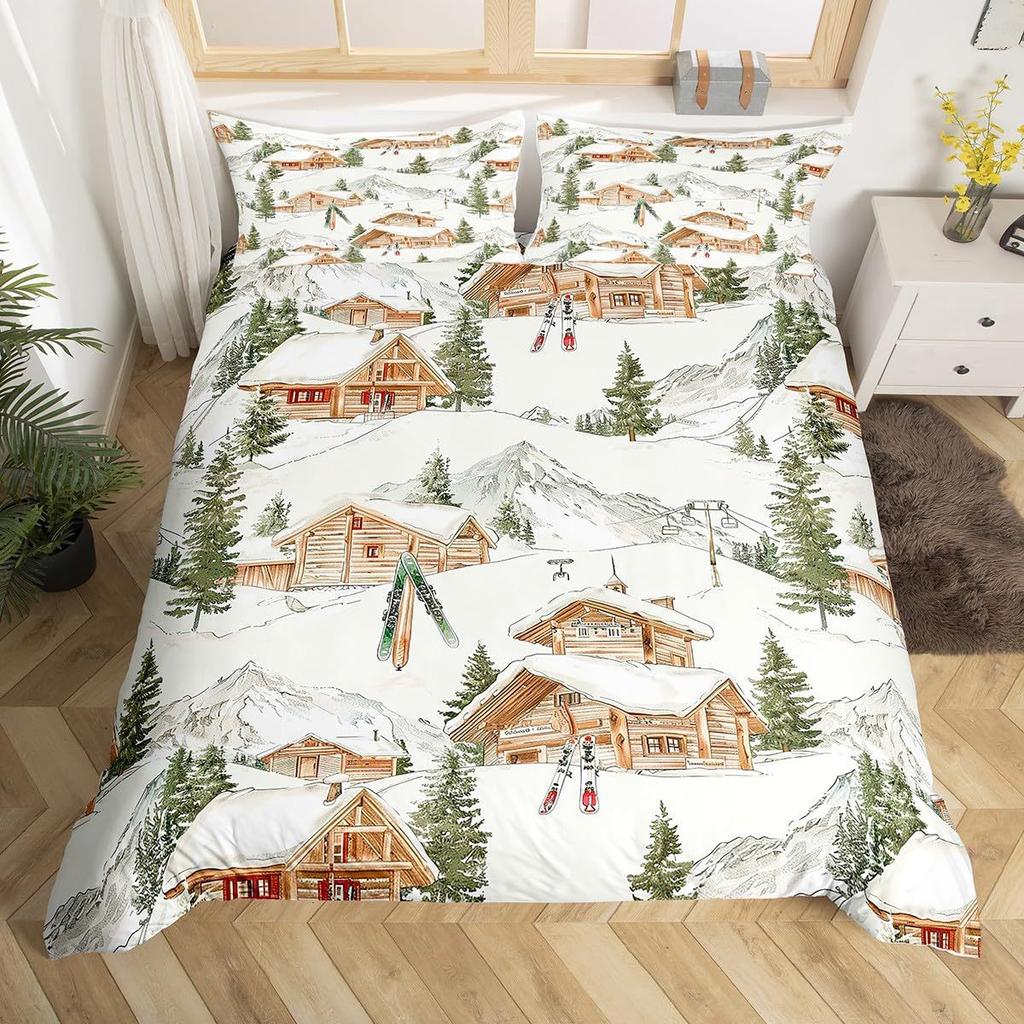 Ski Theme Duvet Cover Green Pine Cable Car Bedding Set Country Style Three-Piece Set