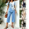 Women's Casual 2 Piece Sets Short Sleeve Crew Neck Top And Cropped Pants Sets Summer Floral Lounge Outfits