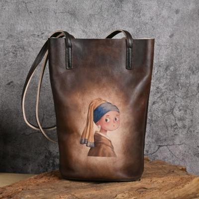 Borsa da donna retrò in vera pelle di vacchetta stampata a mano Borse a tracolla di grande capacità per il tempo libero in vera pelle naturale