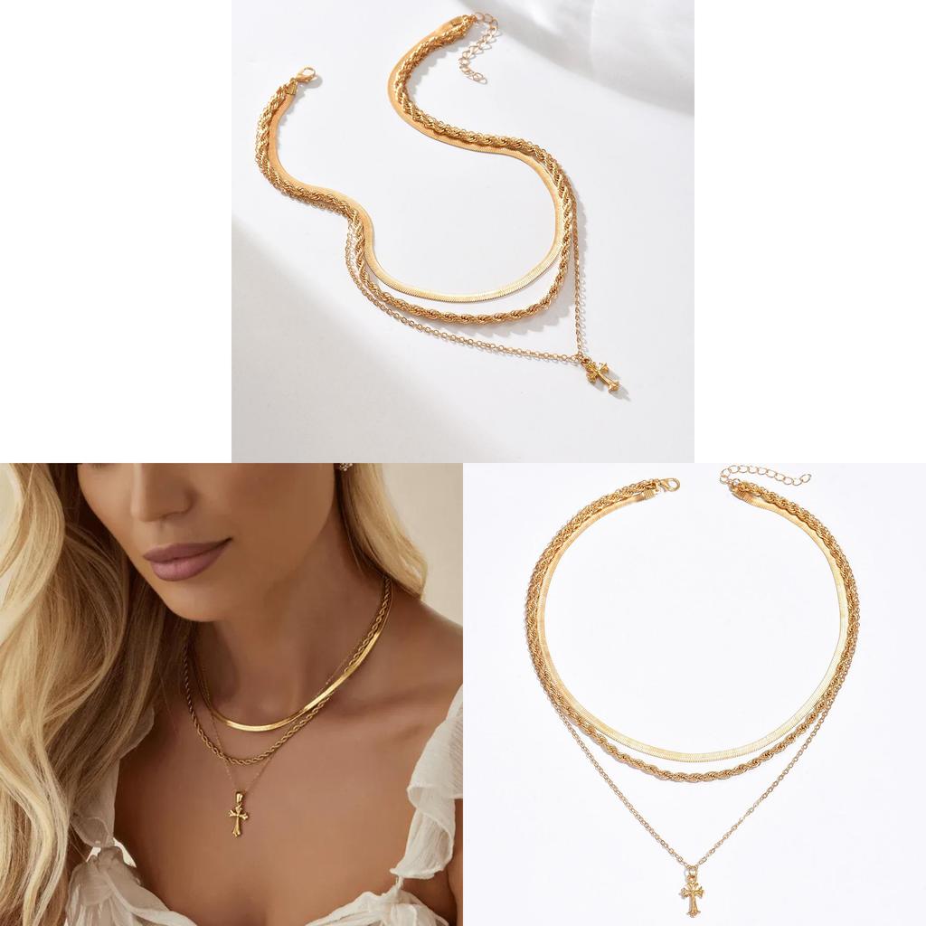 Cross Pendant Necklace Metal Jewelry For Women With Geometric Design And Multilayer Style