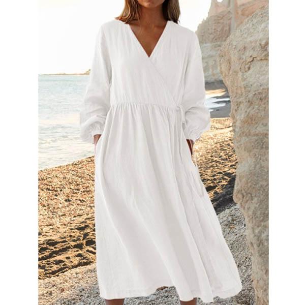 Women Summer Cotton Linen Dress Solid Color Loose Elegant Party Midi Dresses Casual Holiday Beach Dresses