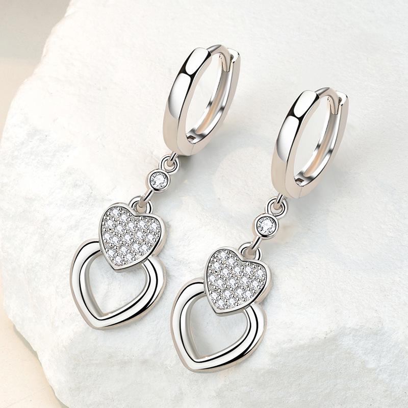 Korean Style Diamond-Studded Heart Dangle Earrings - Geometric Long Heart-Shaped Design Jewelry Gift