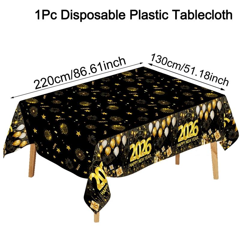 Black Gold New Year Disposable Tablecloth Happy New Year Party Decorations for Home 2026 Kitchen Dinning Plastic Table Cover