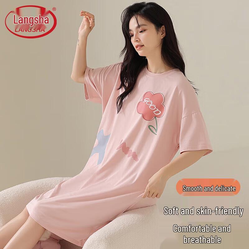 Langsha Women s Short-Sleeve Cotton Midi Sleep Dress M