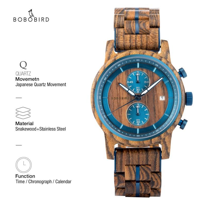 BOBOBIRD Leisure Sports Wood Watch Men's Stainless Steel Back Cover Multifunctional Men's Watch