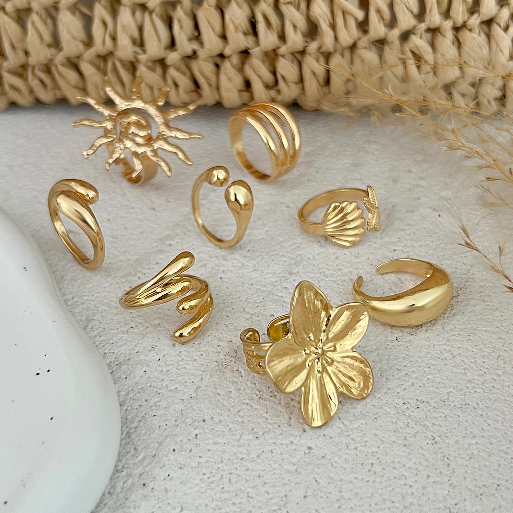 Summer Vacation Starfish Scallop Open Ring Set for Women Men Gold Color Glossy Alloy Flower Adjustable Ring Jewelry Gift