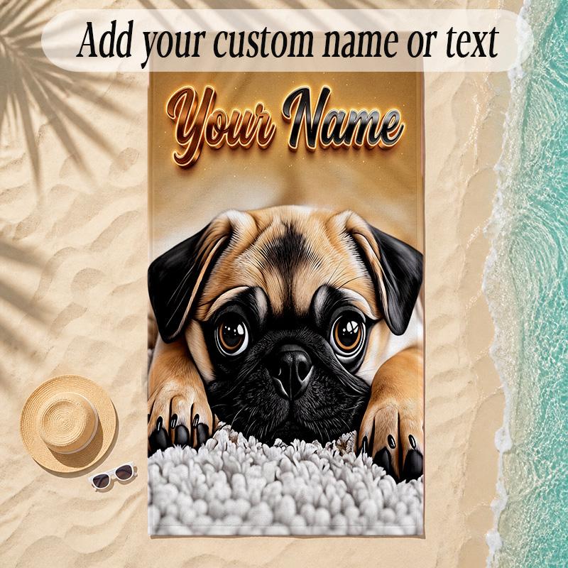 Pug Theme Soft Beach Towel Personalized Custom Name Text Towel Portable for Beach Pool Travel