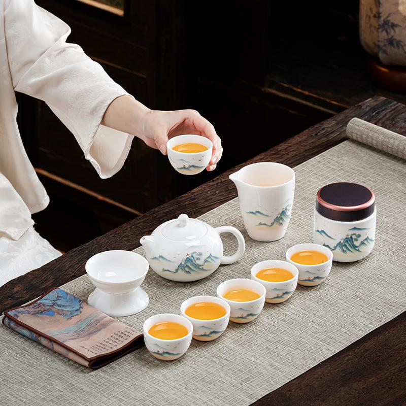 Business Gifts Chinese Tea Set Suet Jade White Porcelain Office Household Storage Kung Fu Tea Set Annual Meeting Souvenirs