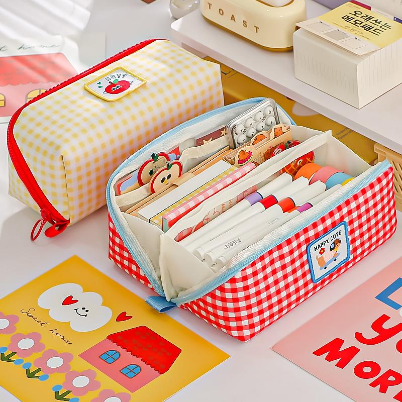Plaid & Prism Square Pencil Case Pen Bag Cute Dog Korean Style Lattice Multi Pocket Storage Pouch for Stationery