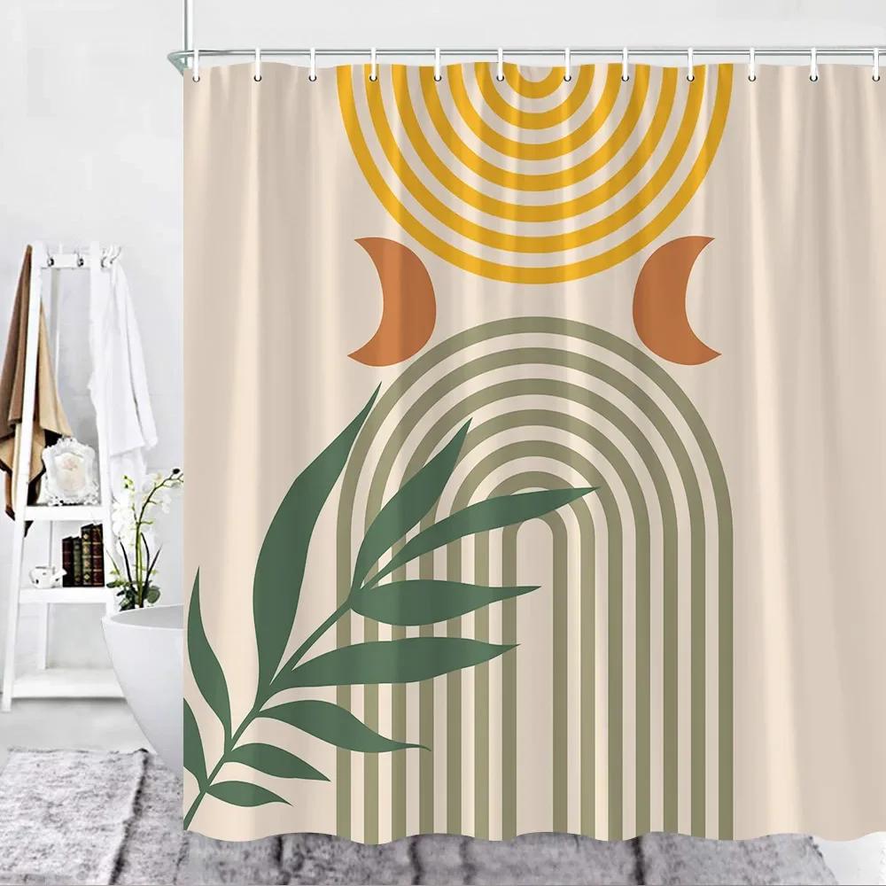 Color Geometric Shower Curtain Set Mid Century Modern Retro Drop Shapes Abstract Art Bathroom Polyester Fabric Curtains Hooks
