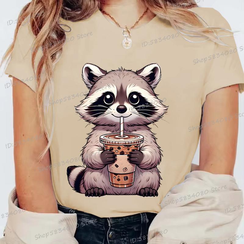 Summer Round Neck 3D Raccoon Pattern Print Top Fashionable Casual Short Sleeved Women's T-shirts
