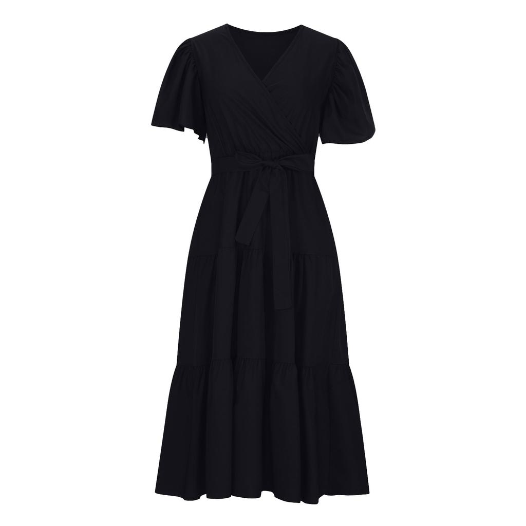 Women's Casual Loose Color V-Neck Short Sleeved Waist Dress Short Sleeved Waist Dress