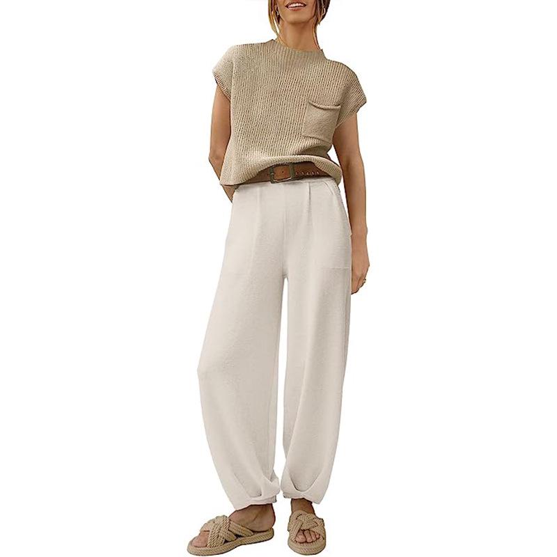 2023 Women's Two-Piece Casual Knit Sweater Set - Short Sleeve, Comfortable Fashion Outfit