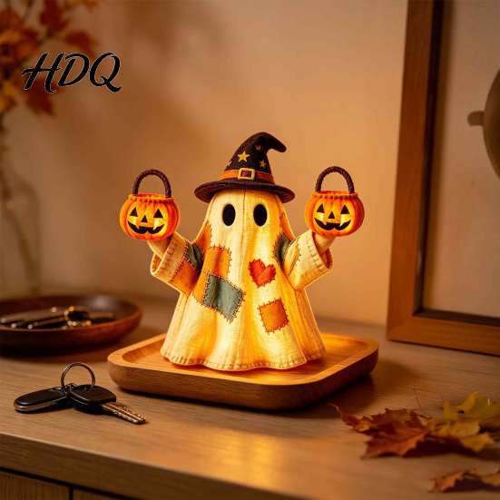 Fall Holiday Tabletop Decor Lighted Vintage Patchwork Ghost Halloween for Home Display Vintage-inspired Ghost Figurine with Jack O Lantern Soft LED