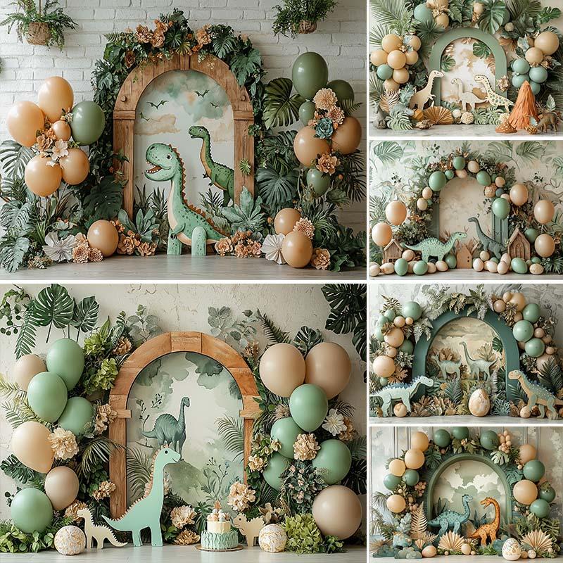Dinosaur Theme Backdrop Photography Tropical Forest Arch Balloon Decor Birthday Cake Smash Kids Portrait Photo Background Studio