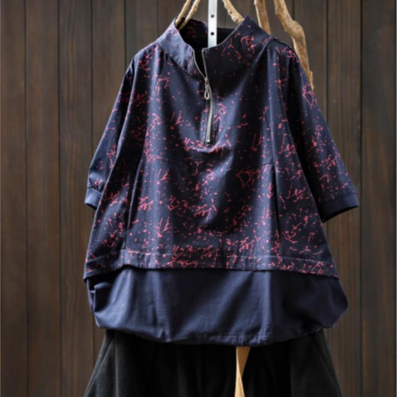 

Johnature Women Vintage Print Floral T-Shirts Turtleneck Short Sleeve Patchwork Summer Zipper Casual T-Shirts One Size темно-синий