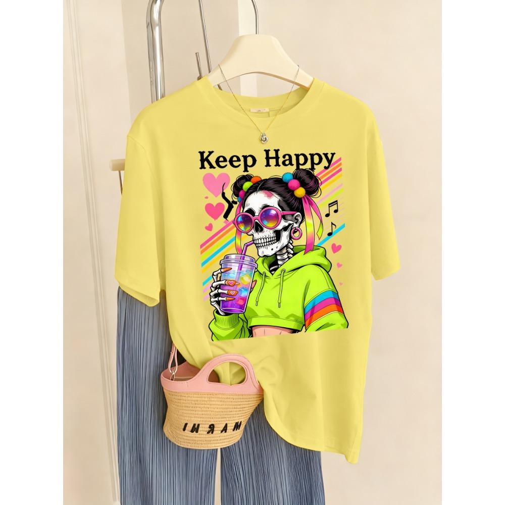 Keep Happy Colorful Drinks Skulls Print Women T Shirt Breathable O-Neck T-Shirt Sport Summer Clothes Multicolor Short Sleeve