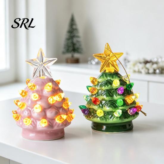 Pink And Green Holiday Accents Christmas Tree Ornament, Glowing Retro Resin Tabletop Decor with Star Cozy Party Supplies Topper, Vintage Xmas