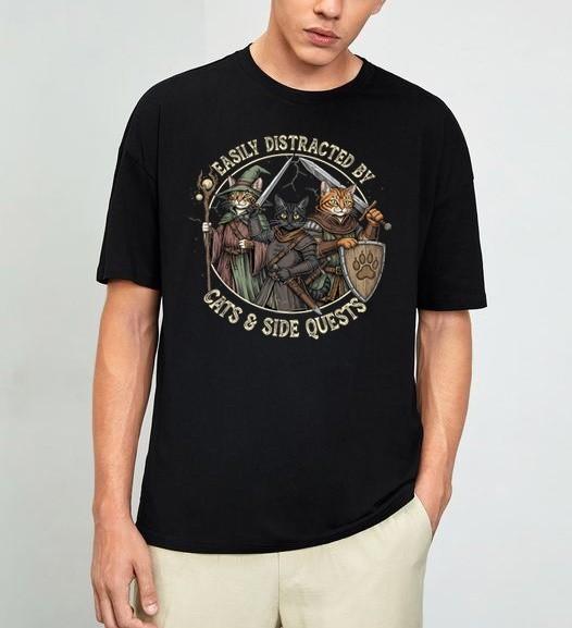 Easily Distracted by Cats Side Quests Funny Gamer Vintage T-Shirt S