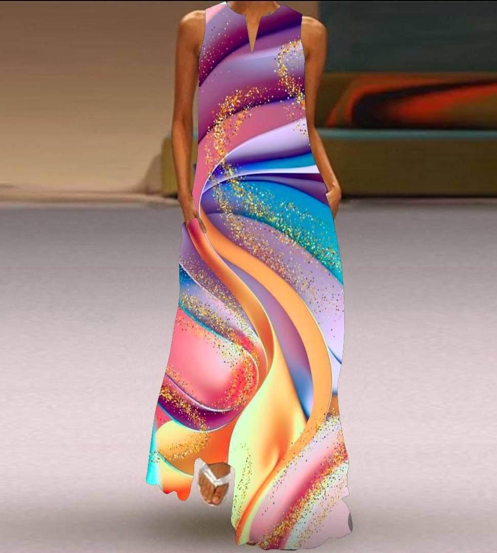 

Летнее женское платье с V-образным вырезом и принтом без рукавов, длинное платье XXL