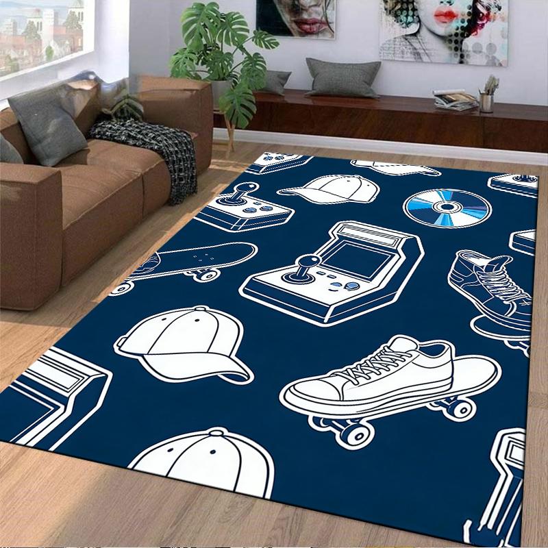 Vintage Game Console Carpet with Skateboard, Hat, and Sneaker Design Suitable for Use As an Anti-slip for Living Room Bedroom Sofas