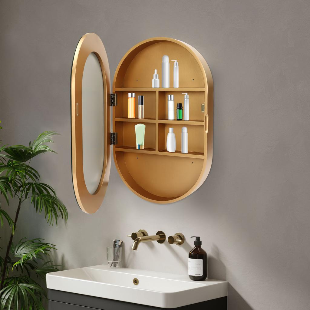 Oval Bathroom Mirror Cabinet with Storage, Wall Mounted Medicine Cabinet Mirror, Gold Bathroom Mirror 50.2 x 78.3cm, No Lights