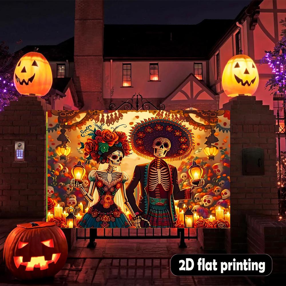 The background wall of the Day of the Dead party in Mexico - colorful skull couples with floral dresses and lanterns