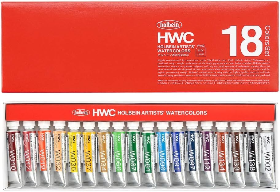 Holbein Art Transparent Watercolors, Made in Japan, "Transparent Watercolors, No. 2 Tubes (5ml), 12/18/24 Colors, Boxed Set" ASTM [AP Mark Non-Toxic]