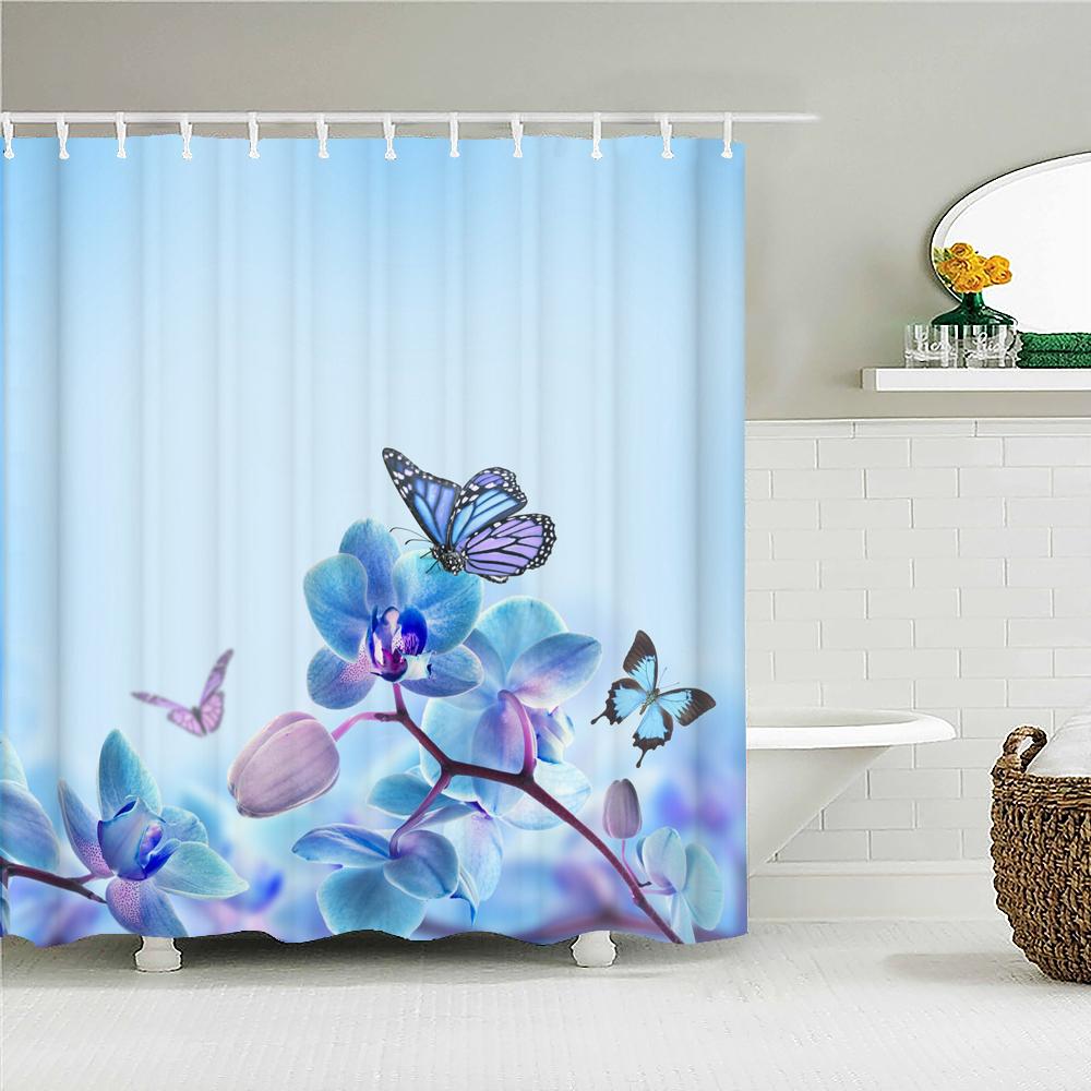 Colorful Flower Butterfly Fabric Shower Curtain Bathroom Curtains with Hooks Waterproof Printing Floral Bath Curtain Home Decor