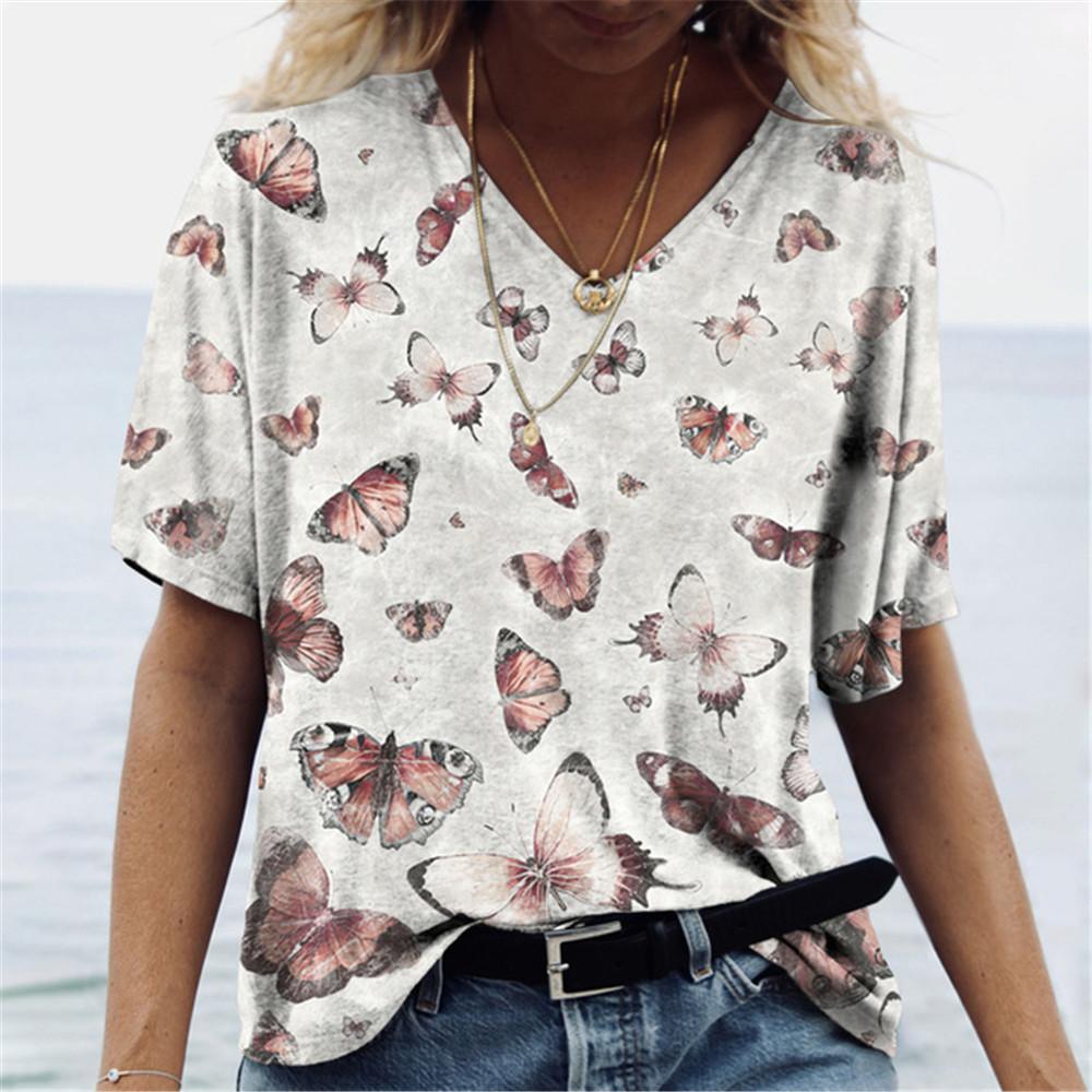 

Футболка с бабочкой для женщин, летняя одежда для девочек, футболки, женская толстовка в стиле Харадзюку, блузка с v-образным вырезом, большие дешевые топы с короткими рукавами XL