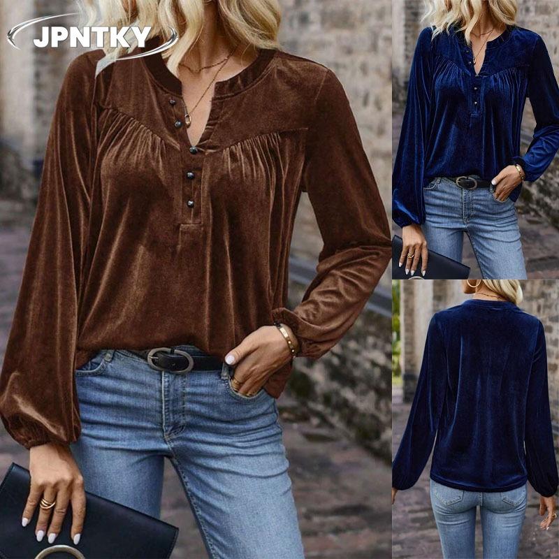JPNTKY Women's Fashion Casual Solid Color Print Long Sleeve V Neck Blouses & Shirts Unique Design