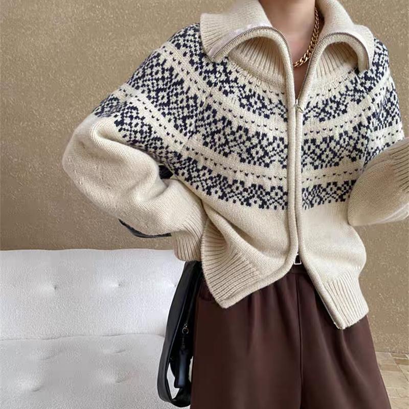 Korean Fashion Autumn Winter Zipper Cardigan Women Sweater Jacket Retro Printed Lapel Loose Knitted Coats Long Sleeve Office Fashion Elegant Clothing