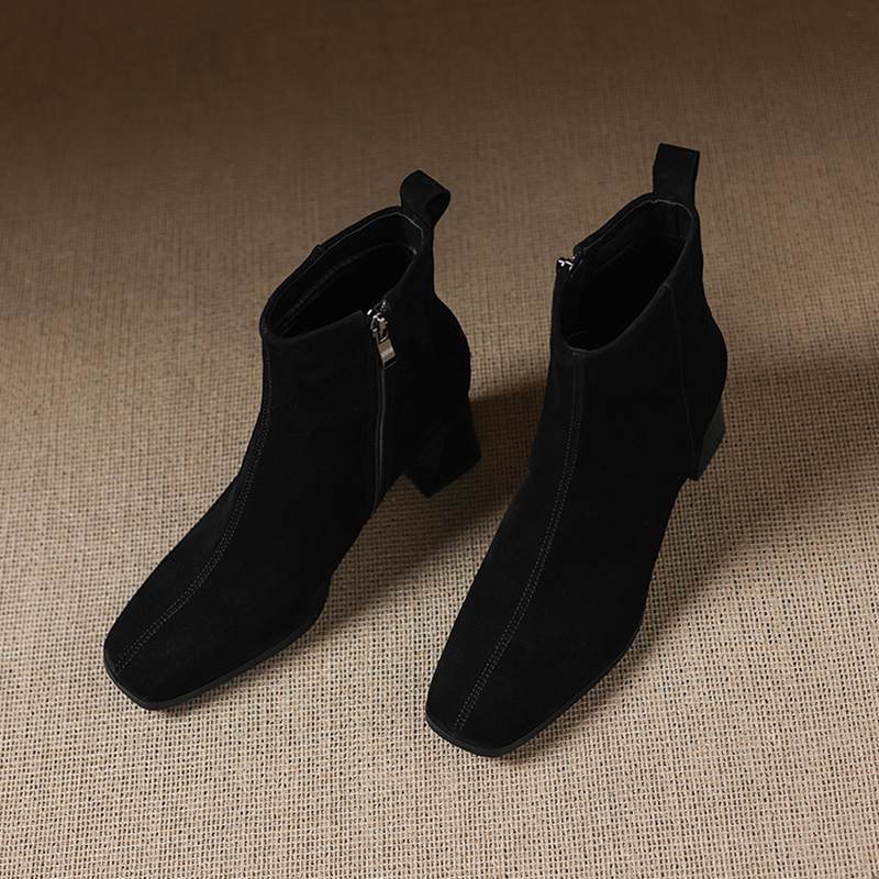 Krazing Pot Cow Suede Nubuck Winter Square Toe Modern Boots Thick High Heels Zipper Women Ankle Boots