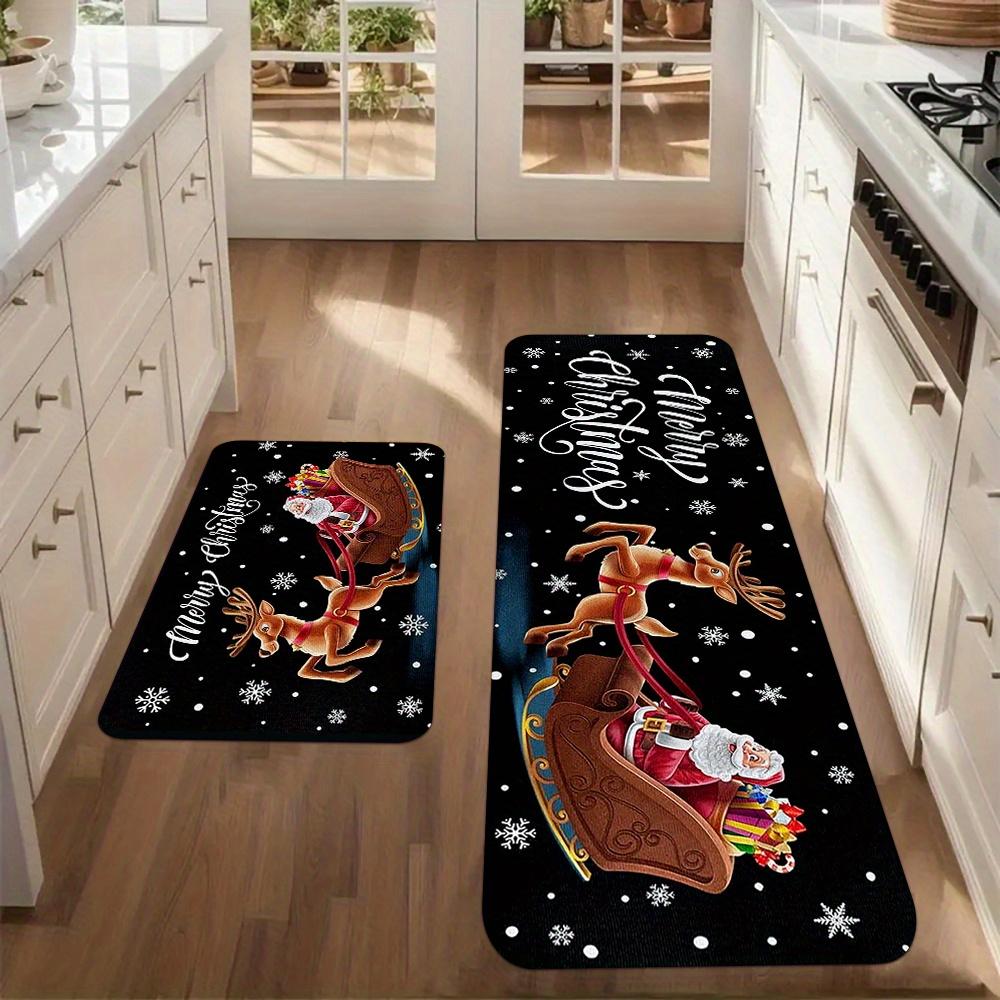 1Pcs Anti Fatigue Kitchen Rugs Santa and Elk Print Waterproof Non-Slip Thick Cushioned Kitchen Mat Heavy Duty Comfort Standing Mat for Kitchen