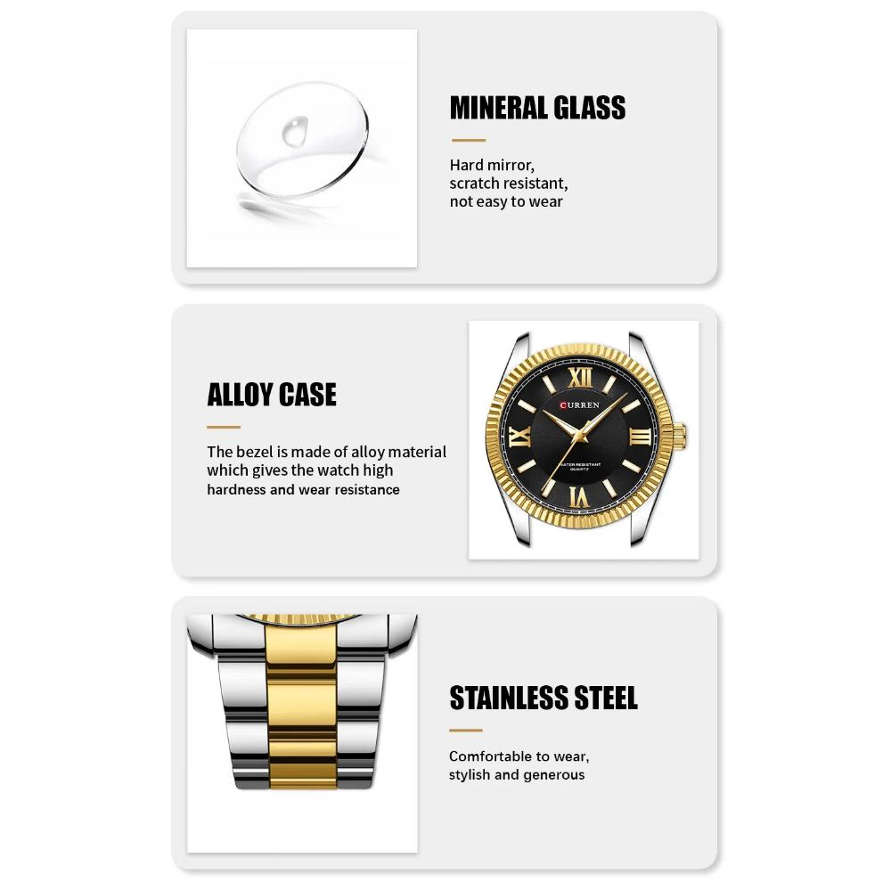 Men's Quartz Watches Fashion Elegant Simple Gold Silvery White Clock Stainless Steel Strap Wristwatch